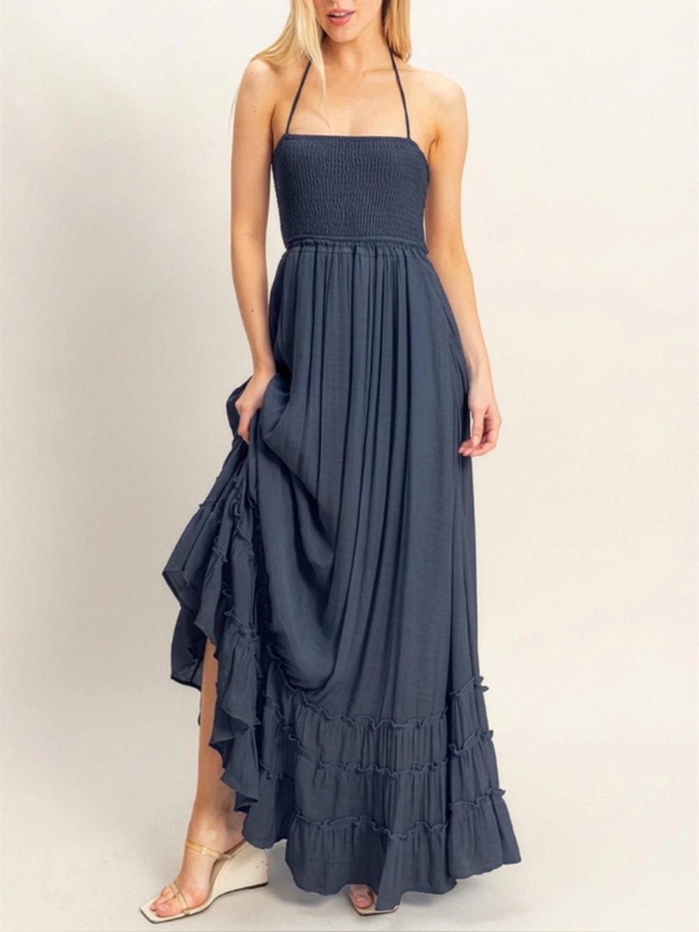 NWT Tiered Boho Smocked Halter Strappy Back Maxi Dress Navy Blue - Picture 8 of 8